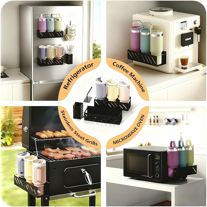 Magnetic Stanley Cup Organizer (2-Count) - Secure Fridge Mount for Full-Size 30/40 oz Tumblers with Lid & Straw Storage (6 Tumblers)