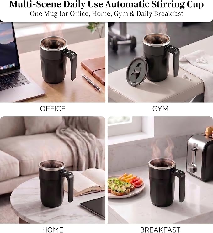 Self Stirring Coffee Mug 13.5 Oz with Lid, 316 Stainless Steel Automatic Magnetic Mixing Cup with a Built-in LCD Thermometer & Handle, Electric Coffee Stirrer, Gift for Men and Women (Matte Black)