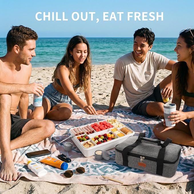 Snackle Box Container with Ice Pack, Reinforced Latches & Large Capacity, Travel Snack Box, Charcuterie Board with Lid, Divided Veggie Tray for Road Trips Picnic Boat Beach White