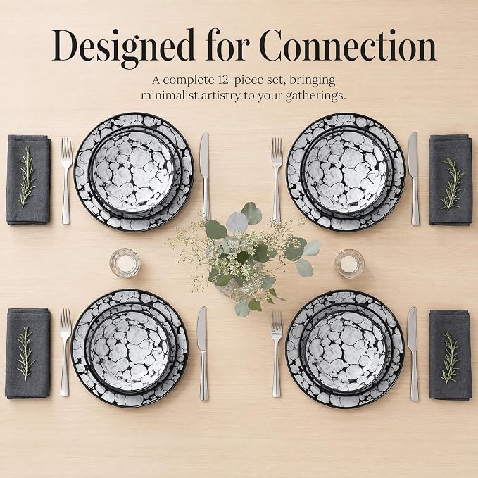 Melamine Dinnerware Sets 12pcs Rustic Farmhouse Dinner Dishes Set Lightweight Service for 4 Plastic Plates and Bowls Set, Modern Gray Bubble