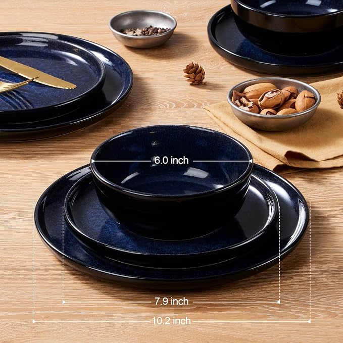 LIANYU 24 Piece Dinnerware Plate and Bowls Dishes Sets for 8, Modern Stoneware Ceramic Set, Kitchen Round Dinning Ware Dishware Set, Dishwasher and Microwave Safe, Midnight Blue