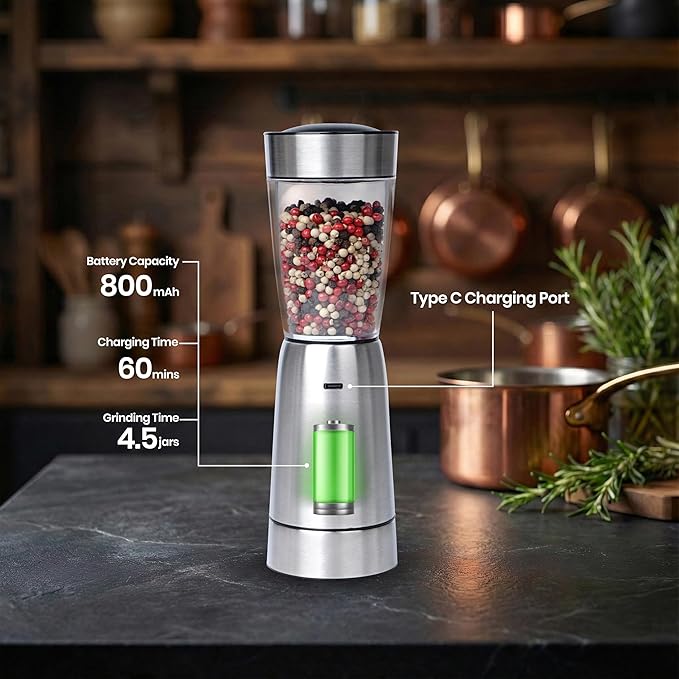 Electric Salt and Pepper Grinder Set – Rechargeable Stainless Steel Mills – Upgraded 800mAh Battery, Large 200ml Capacity, & 5 Adjustable Coarseness Levels – Kitchen Seasoning Tools