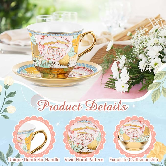 Teenyyou Set of 12 Tea Cups and Saucers Tea Party Decorations Floral Porcelain 5.4 oz British Gift for Women Birthday Party, Church, and Mother's Day (Vibrant Style)
