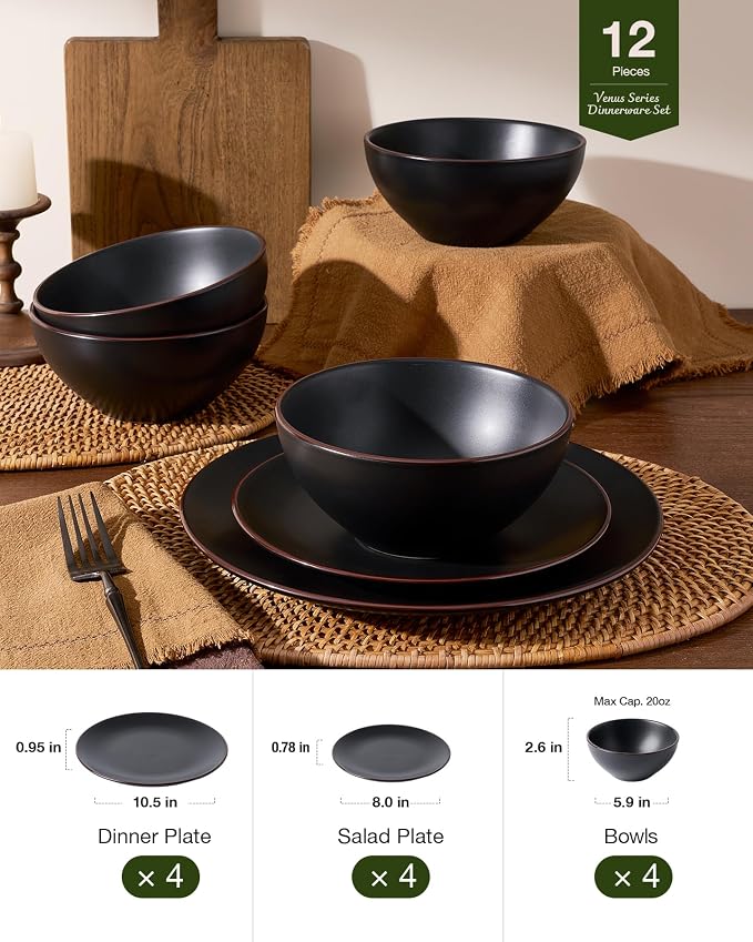 Famiware Venus Plates and Bowls Sets with Trim, 12 Pieces Stoneware Chip‑Resistant Dishes Dinnerware Set for 4, Matte Black - Microwave/Dishwasher Safe, Modern Minimalist, Everyday Meals/Formal Dining