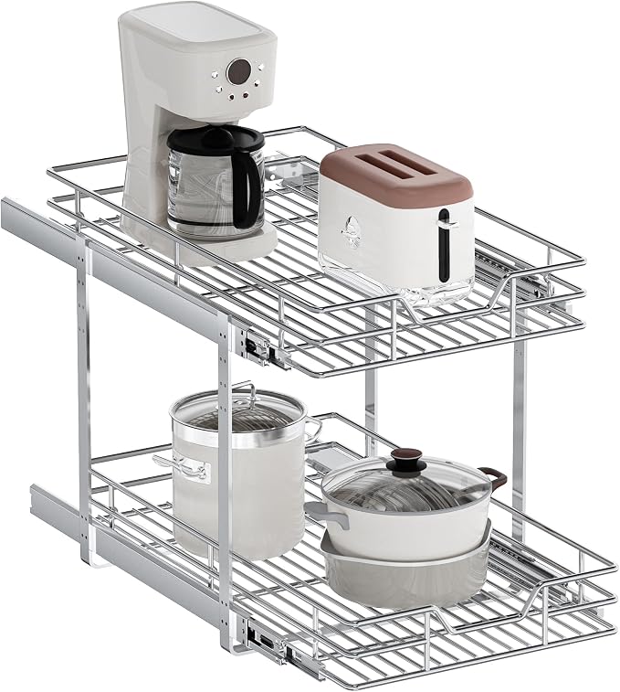 2-Tier Pull Out Cabinet Organizer, 15.5" W x 21.5" D, Heavy Duty Dual Slide Out Shelves for Base Cabinets, Chrome Wire Basket Drawer for Pantry, Kitchen & Bathroom Storage