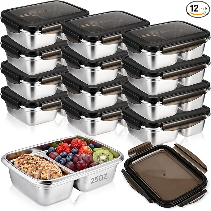 12 Pack 304 Stainless Steel Food Storage Containers 2 Compartment Food Grade Metal Lunch Bento Boxes with Airtight Lid 25 oz/750ml Meal Prep Container Freezer Dishwasher Safe