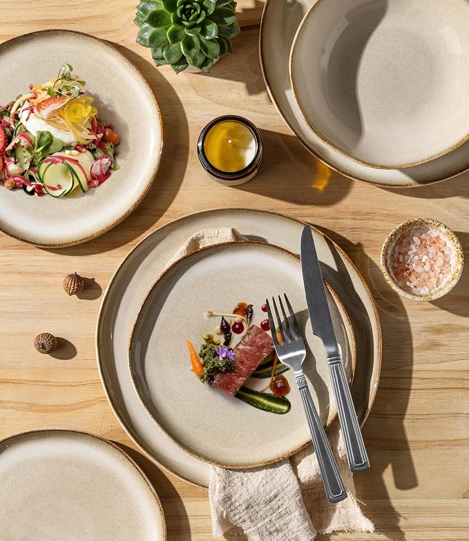 GBHOME Stoneware Dinnerware Sets for 6, 18 Pieces Rustic Earthenware Plates and Bowls Set, Handmade Reactive Glaze Ceramic Plate Sets, Chip Resistant Dishes, Microwave & Dishwasher Safe, Oatmeal Linen