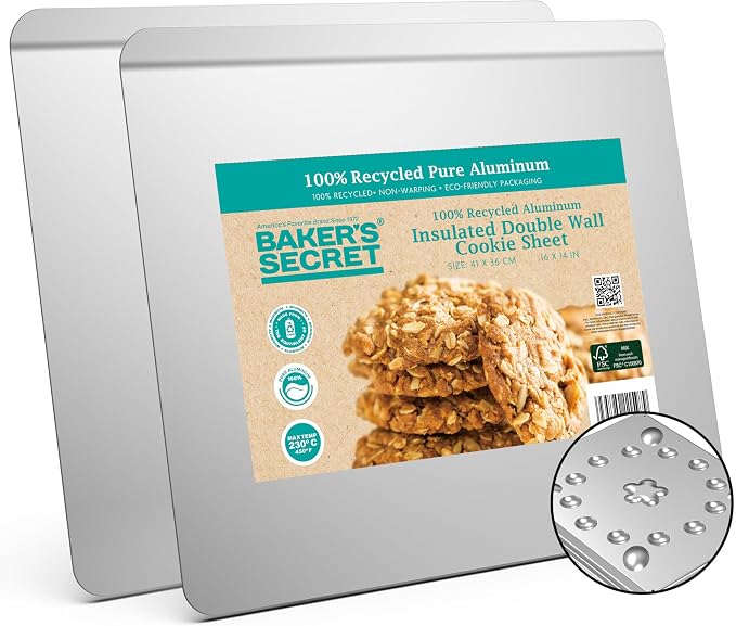 Baker's Secret 2pcs Pure Aluminum Insulated Cookie Sheet Commercial Grade, Baking Tray for Oven 100% Recycled Cookie Sheet Extra Thick - The Natural Collection