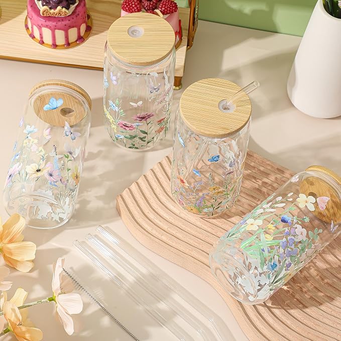 Mumufy 24 Pack Wildflower Glass Cups Gift Aesthetic Cute Glass Cup Tumbler Flower Iced Coffee Mugs 16 oz with Bamboo Lid & Straw, for Wedding Birthday Bridesmaid Mom Baby Shower