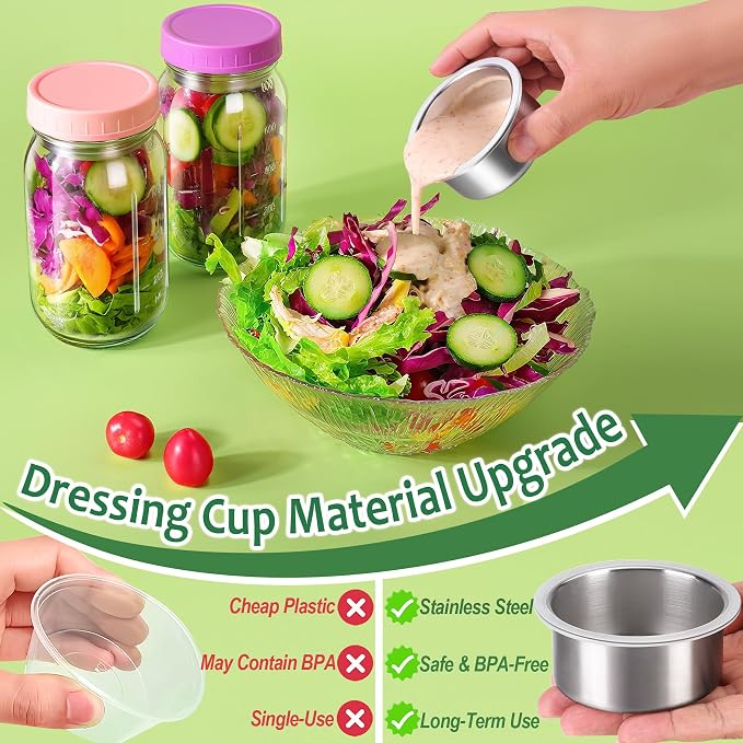 KTKUDY 6 Pack 32 oz Glass Salad Jars with Dressing Cups (Pod) - Meal Prep Salad Container for Lunch - Leakproof Mason Jars with Lids