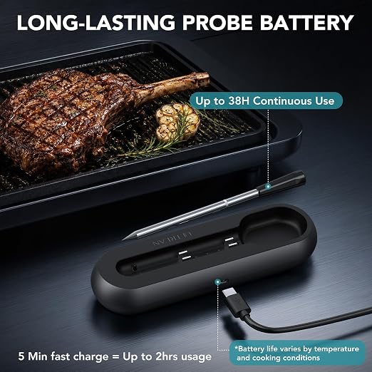 Ultrean Smart Wireless Meat Thermometer for Grilling, Instant Read Digital Thermometer, Independent-Control Magnetic Base & Thin Probe, Accurate Temperature Alerts for BBQ, Oven, Smoker, Air Fryer
