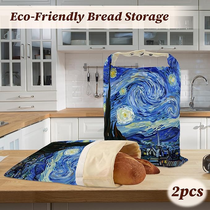 Bread Bags for Homemade Bread, Starry Night 2 Pack Linen and Beeswax Sourdough Storage Bags, Reusable Keeper, Keeps Breads Fresh Longer, Gifts for Bakers