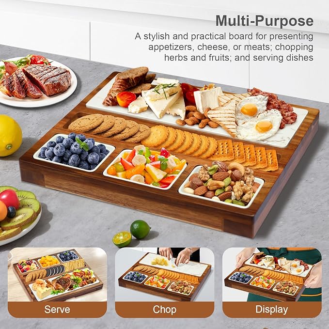 Charcuterie Board Set Premium Large Acacia Wood Cheese Platter with Reusable Bowls, Cheese Knives and Forks - Housewarming, Wedding, Bridal Shower, Birthday Gifts