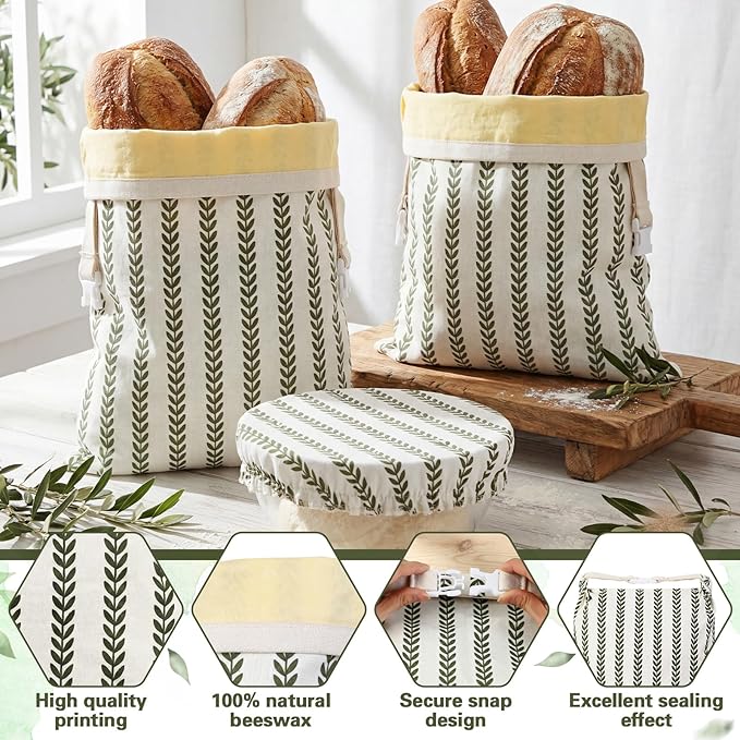 Reusable Beeswax Bread Bags for Homemade Bread Sourdough (2 Pcs 13x17in Bags + 10in Bowl Cover) Floral Cotton 100% Natural Beeswax Coating, Plastic-free Food Storage Wrap(Green Leaf)