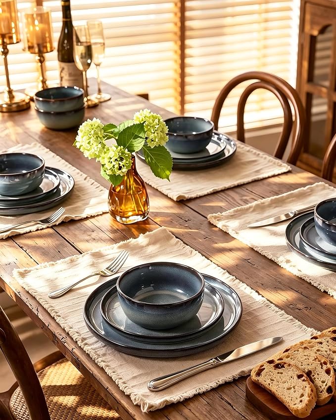 Famiware Milkyway Stoneware Dinnerware Set, 12-Piece, Double Reactive Glaze, Plates and Bowls, Service for 4, Microwave and Dishwasher Safe, Scratch-Resistant, Dusty Blue