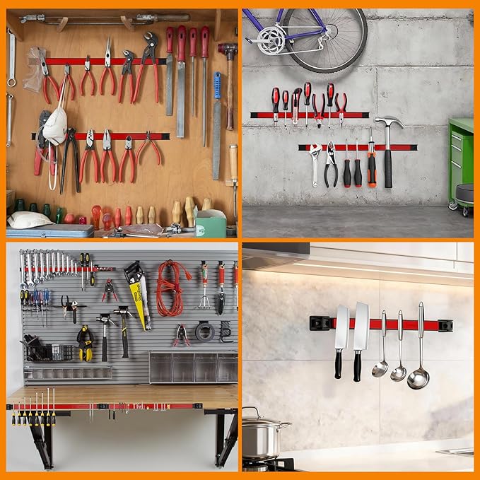 18" Magnetic Tool Holder Strip, 4 Pieces Red Metal Tool Organizer Rack with Stainless Steel Surface, Magnet Bar for Garage Workshop, Easy To Install with Mounting Screws