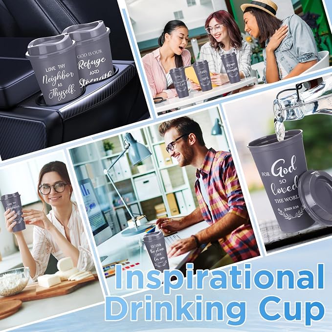 Skylety 20 Pack Bulk Christian Gifts for Men Women 16oz Reusable Bible Verse Tumbler Plastic Coffee Cup with Lid Inspirational Religious Church Gift for Teacher Graduation Party Favor (Gray)