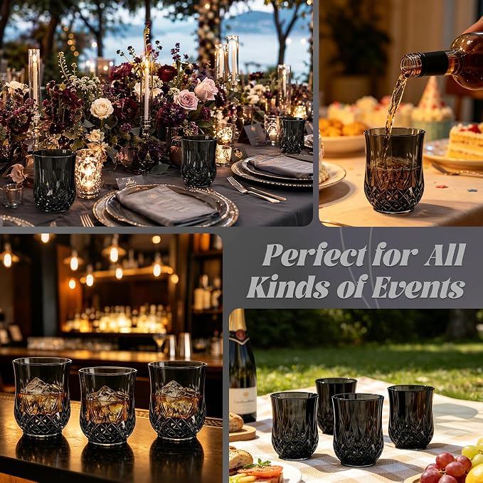 12 Pack Plastic Stemless Wine Glasses,12oz Unbreakable Vintage Elegant Drinking Glass Set,Reusable Fancy Cocktail Cups for Party, Wedding, and Bulk Events (12, 12oz-Black)