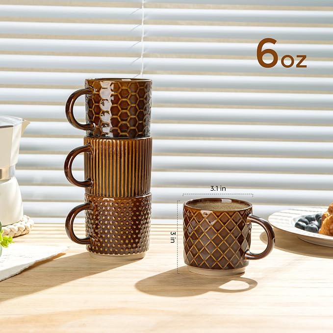 GBhome 6 OZ Stackable Coffee Mugs, Ceramic Coffee Mugs with Texture Patterns for Man,Woman,Dad,Mom, Modern Coffee Cups Set of 4 for Espresso/Cappuccino. Dishwasher&Microwave Safe,