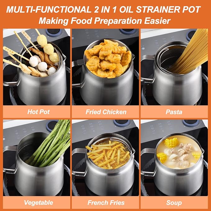 119oz Stainless Steel Deep Fryer Pot with Basket and Oil Strainer, Multifunctional Deep Frying, Small Stove Top deep fry for Kitchen and Camping, Steel Pour Pot for French Fries, Chicken (3.5L)
