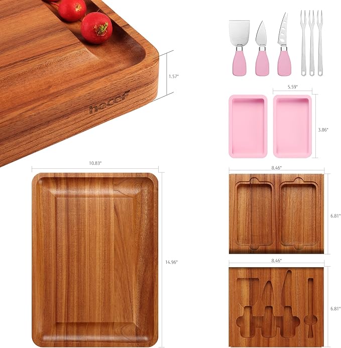 hecef Pink Large Charcuterie Board Set with Stainless Steel Cheese Knives, Cheese Board Set Wooden Appetizer Platter for Housewarming, Weddings, Birthdays & More, Forks & Pull-Out Drawers