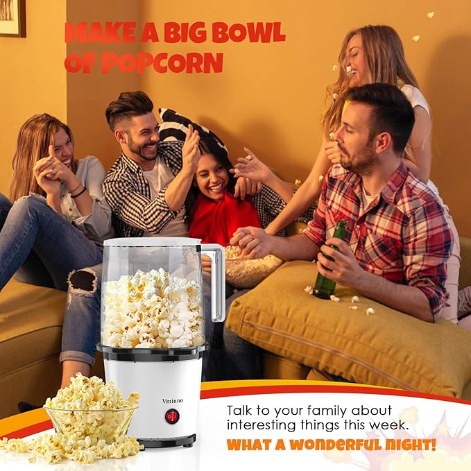 Vminno Quick & Easy Hot Air Popcorn Popper Maker with Built-In Serving Bowl, 2 Quarts, Etl Certified, No Oil Popcorn Poppers for Home with On/Off Switch for Family Movie Nights, Parties