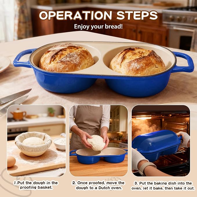 Mini Double Dutch Oven for Sourdough Bread Baking – Enameled Cast Iron Bread Pan with Lid, 500°F Oven Safe Non-Stick, Dual Round Loaf Space (6inch Diameter), Bake Two Different Loaves at Once, Includes 2×5" Banneton Proofing Baskets(blue)