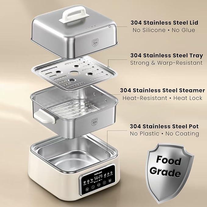 Electric Food Steamer 12.7 QT, Double-Tier 8-in-1 Vegetable & Meal Steamer, Stainless Steel, Timer & Keep Warm, Boil-Dry Protection, Healthy Cooking Kitchen Steamer