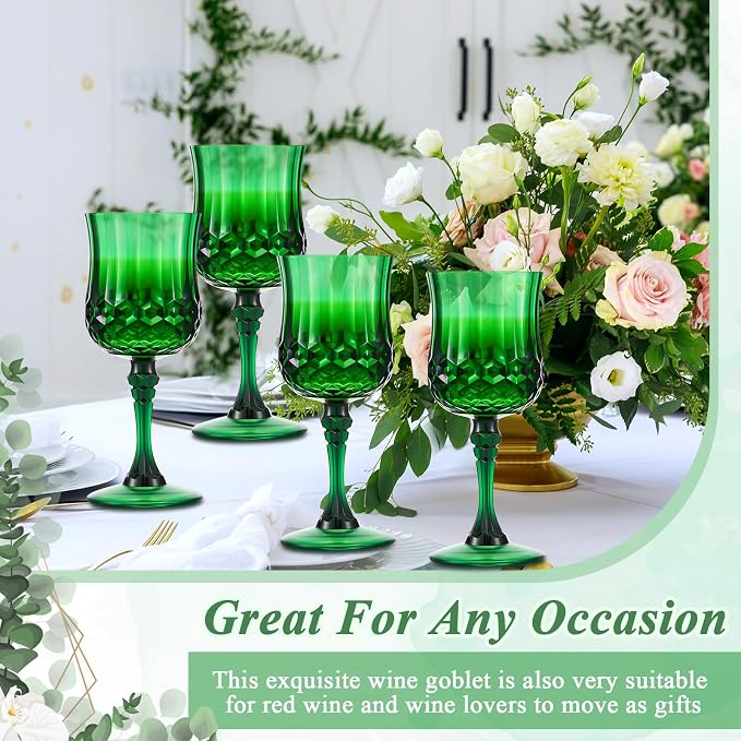 Pinkunn 12 Pcs 7 oz Plastic Vintage Wine Glasses Reusable Colored Goblets Patterned Drinking Water Glasses Cup Dishwasher Safe for Mother's Day Wedding Reception Party Supplies (Green)