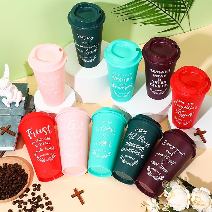 Skylety 40 Pack Bulk Christian Gifts for Men Women 16oz Reusable Bible Verse Tumbler Plastic Coffee Cup with Lid Inspirational Religious Church Gift for Teacher Graduation Party Favor (Bright Color)