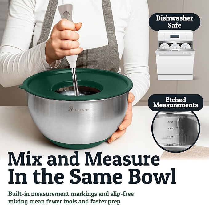 Priority Chef Stainless Steel Mixing Bowls with Lids Set, Metal Nesting Bowls with Airtight Lids, Graters, Non-Slip Base & Measurement Marks, Includes Utensil Set for Prep, Baking & Storage, Green