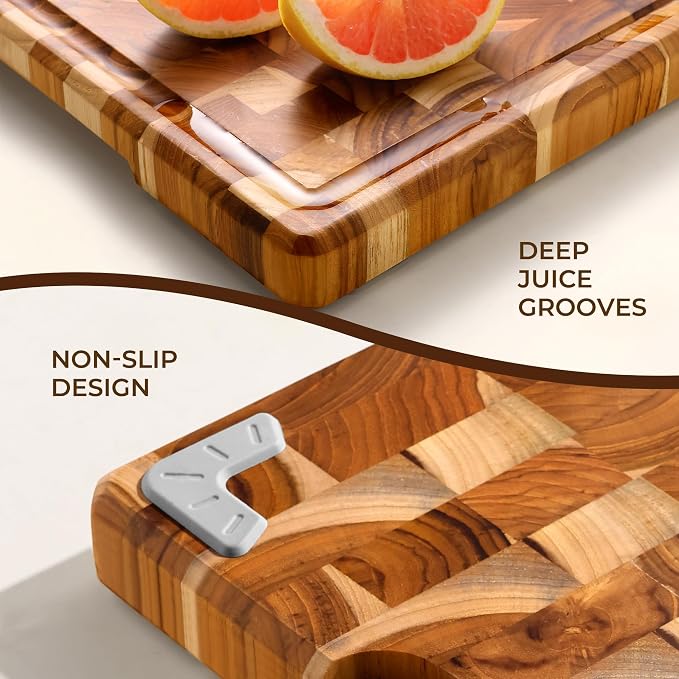 Teak Wood Cutting Boards for Kitchen,Large Butcher Block End Grain Wooden Checkered Cutting Board with Juice Groove Handle Hardwood Chopping Charcuterie Board Non Toxic Best Kitchen Essential Gift 17"