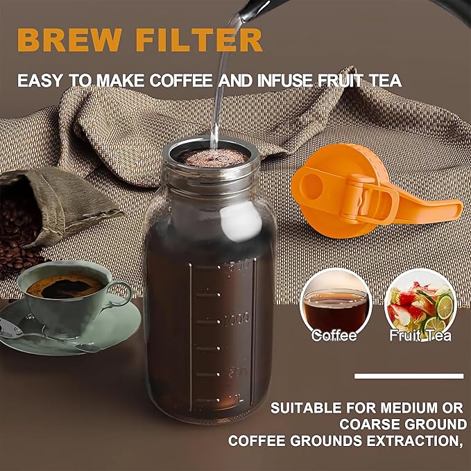 JunVpic Cold Brew Coffee Maker Jar - 64oz Thick Glass Multipurpose Mason Pitcher Spout Lid with Handle & Stainless Steel Filter for Iced Coffee, Lemonade, Ice Tea, Homemade Fruit Drinks Container