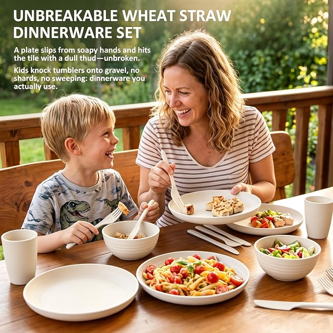Dish Set for 4, Wheat Straw Dinnerware Sets 24 Piece, Unbreakable Bowls and Plates Set, Plastic Plates Reusable, Microwave and Dishwahser Safe Dining Set for Apartment, RV, Picnic - Beige