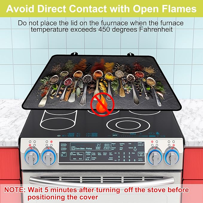 Glass Stove top Cover 28"x 20", Stove Top Covers for Electric Stove, Flat Range Mat for Glass Cooktop, Kitchen Heat-Resistant Protector Non-Slip Drying Mat (Herbs Spices)