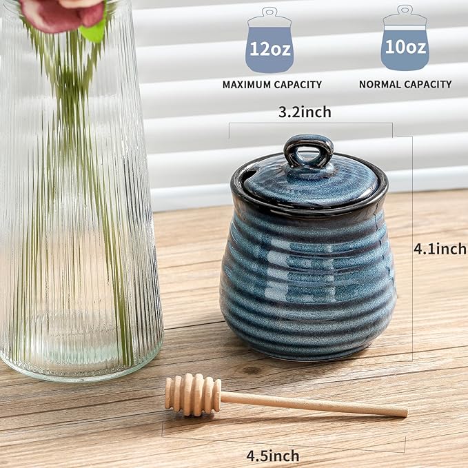 Ceramic 12 Ounce Honey Jar and Dipper Set,Porcelain Honey Pot with Lid and Wooden Dipper,Cute Honey Containers for Party,Holiday,Halloween Favors,Farmhouse Kitchen Decor,Dishwasher Safe,Blue