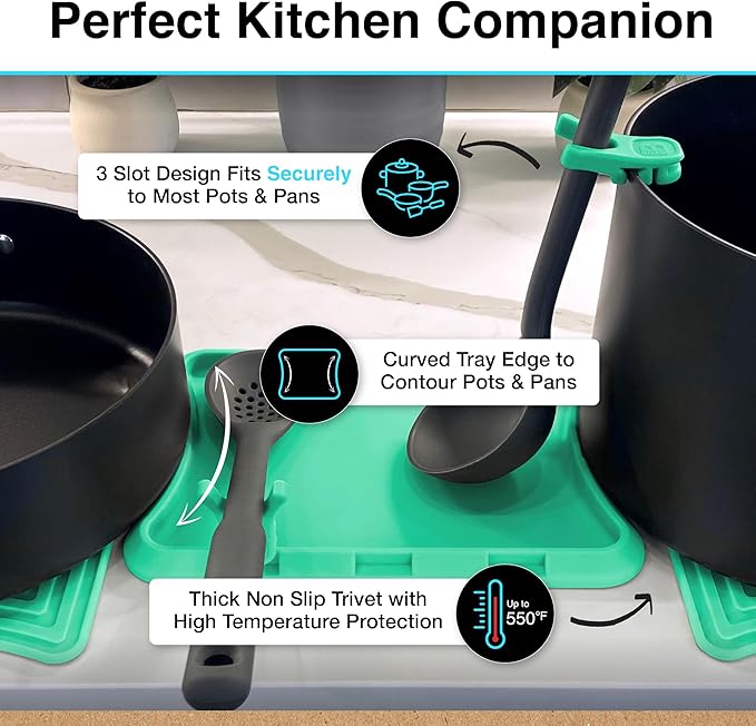 Nottadrip Silicone Spoon Rest for Stove Top - Kitchen Spoon Rest for Countertop, Ladle Holder, All in 1 Serving Station, Elevate Handles, Drip to Tray, Mess Free - 5PC Trivet Set - Mint