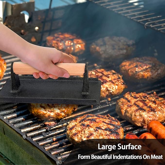 Leonyo 3Pcs Cast Iron Grill Press, Heavy Duty Bacon Press with Wood Handle, Pre-Seasoned Burger Smasher for Griddle Cooking, Meat, Burger, Bacon, Steak, Panini, Sandwich, Rectangle (8.2"X4.3")