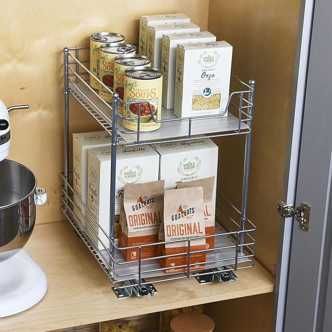 Household Essentials Glidez Steel Pull-Out/Slide-Out Storage Organizer with Plastic Liners for Under Cabinet or Wire Shelf Use - 2-Tier Design - Fits Standard Size Cabinet or Shelf, Brushed Silver