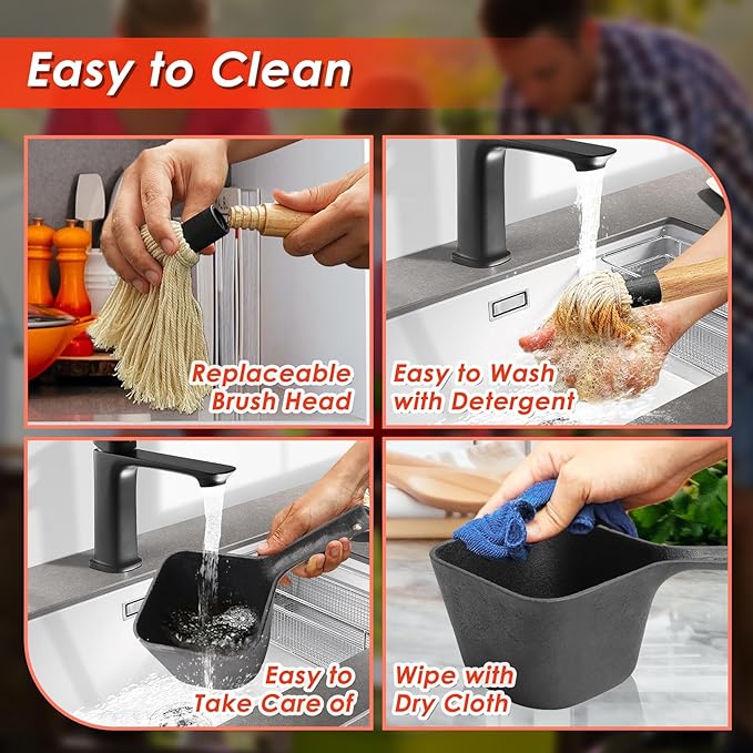 SafBbcue Cast Iron BBQ Sauce Pot and Mop Brush Set,Barbecue Cooking Accessories Heat Preservation Heavy Basting Pot & Mop with 4Pcs Heads for Big Green Egg Grill Grilling