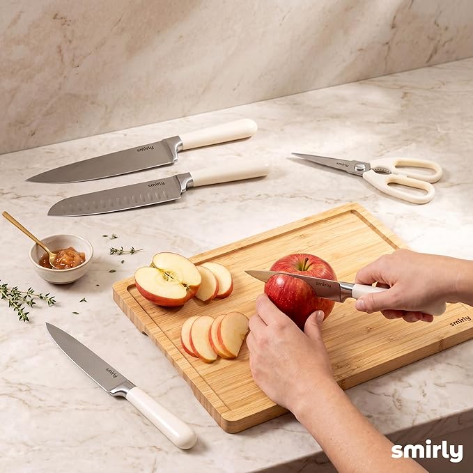 SMIRLY 14-Piece Kitchen Knife Set with Magnetic Block, High Carbon Stainless Steel Chef Knives, Ultra Sharp, Dishwasher Safe, Cream White