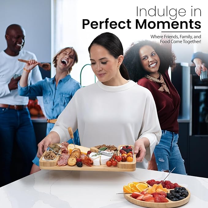 Charcuterie Boards Gift Set - Large Bamboo Cheese Board with Serving Tray, Knives and Bowls for Meat, Cheese and Crackers, for Mom, Housewarming, Wedding, Birthday Gifts for Women