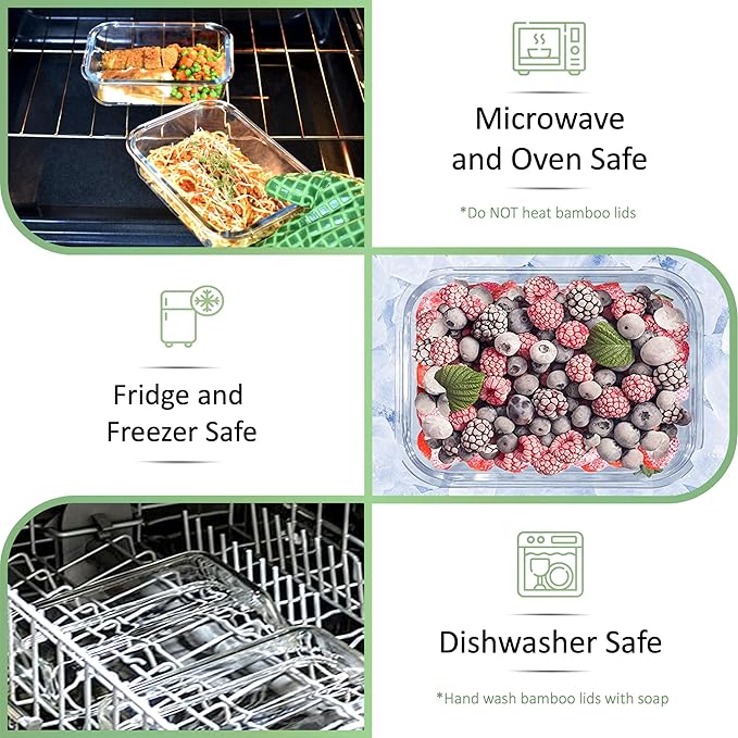 EcoPreps Glass Meal Prep Containers with Bamboo Lids (3 Pack) - 100% Plastic Free, Eco-Friendly Lunch Containers, Bamboo Lid Storage Container Set - Microwave Safe Glass Food Storage Container Set