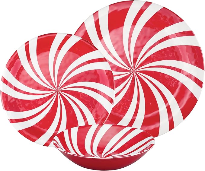 UPware 12 Piece Peppermint Melamine Dinnerware Sets, Outdoor Dishes Set, Plates and Bowls Sets, Christmas Decorations, Service for 4, Red