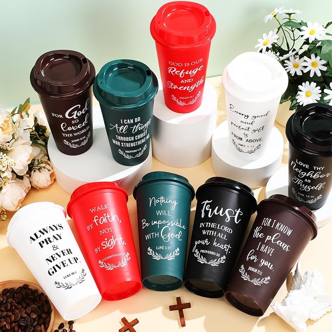 Skylety 40 Pack Bulk Christian Gifts for Men Women 16oz Reusable Bible Verse Tumbler Plastic Coffee Cup with Lid Inspirational Religious Church Gift for Teacher Graduation Party Favor (Classic Color)