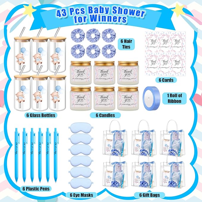 Reallnaive 43 Pcs Baby Shower Prizes for Player Winner Wedding Bridal Shower Favor Gifts Including Glass Cups Aromatherapy Candle Eye Mask Hair Band Greeting Card Pen Ribbon Gift Bag(Bear Style,Blue)