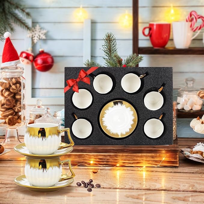 6 Pack 3.2oz Espresso Cups with Saucers, White Porcelain with Gold Electroplated Brushstroke Rim, Pumpkin Ribbed Striped Ceramic Coffee Cup Set, Dishwasher Safe, for Espresso, Latte, Tea, Home