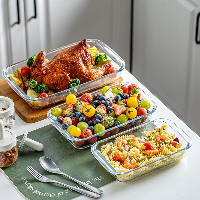 Glass Baking Dish, Glass Baking Dishes for oven,Food Container 3-Piece Set for Cooking Lasagna Kitchen Baking Bakeware Set Oven Microwave Refrigerator Dishwasher Safe (6)
