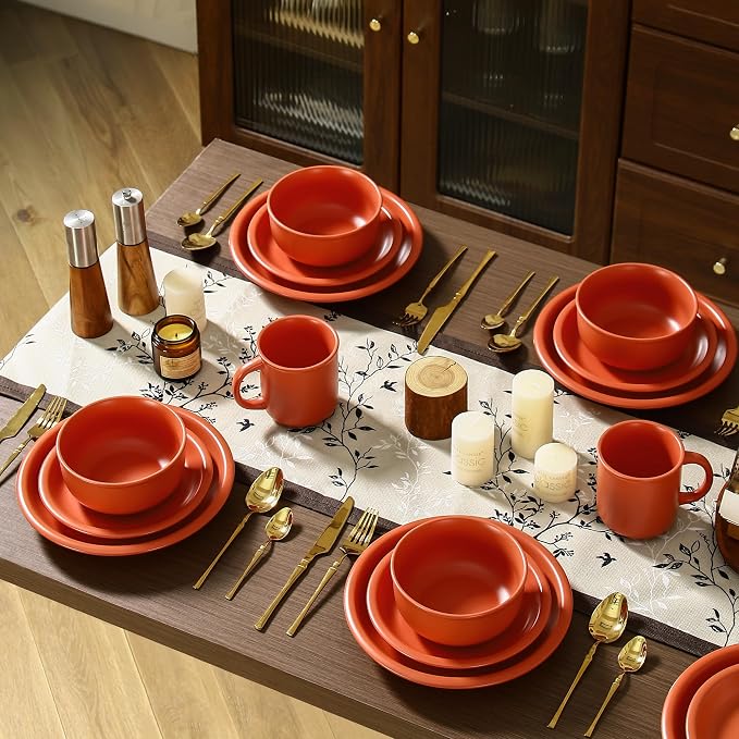 GZG Vintage Series - Ceramic Dinnerware Set for 2, 6 Pieces Stoneware Plates and Bowls Set, Lead-Free, Handcrafted Dishes Set, Microwave & Dishwasher Safe - Terracotta Red
