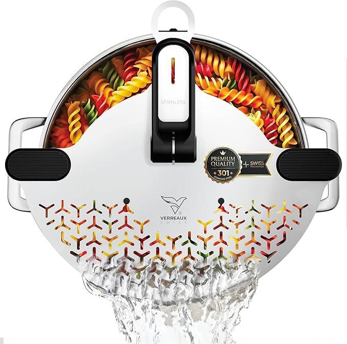 Kitchen Strainer & Pot Drainer Clip-On Stainless Steel Colander for Pots & Pans (6.5-9.5 in / 16-24 cm) | Universal Fit Pasta & Noodle Strainer | Hands-Free Swiss Design, Dishwasher-Safe